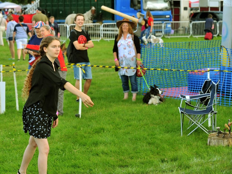Thornton Le Dale show 2019; Abbie Ainsley, 18, from Saltburn having a go at Axe throwing.