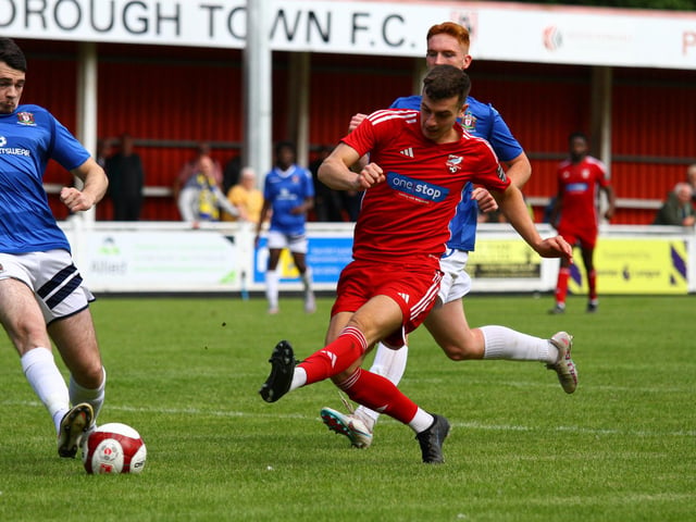 Luca Colville fires an effort at the Marske goal.