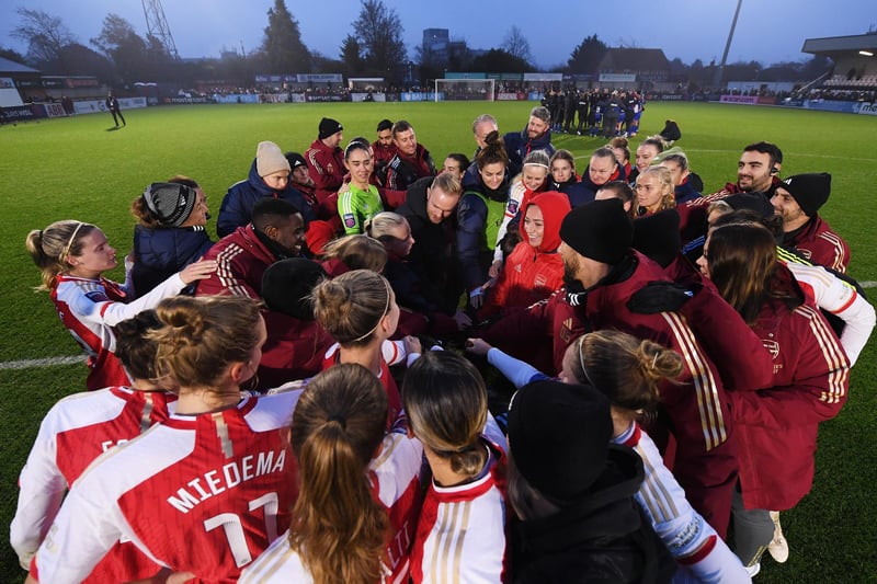The Arsenal team celebrate as they form a huddle on the pitch at full-time after the Barclays Women´s Super League match between Arsenal FC and West Ham United.
Photo by Alex Burstow/Arsenal FC via Getty Images.