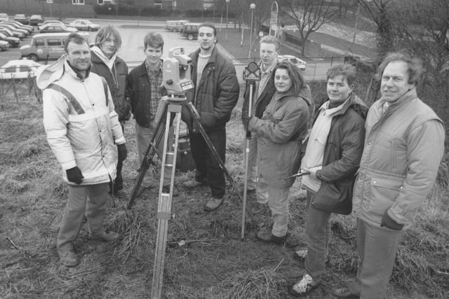 Scarborough Sixth Form College students are pictured with their teacher Terry Green, right, and NYCC Highways Department land surveyor Graham Goforth, left, plotting the site of the proposed new primary school between Graham School and the hospital in January 1993. The work is part of the students project to design the new building for their Design and Technology course.