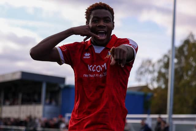 Destiny Nnenanya celebrates his goal to put Brid ahead. Photo by ECmedia
