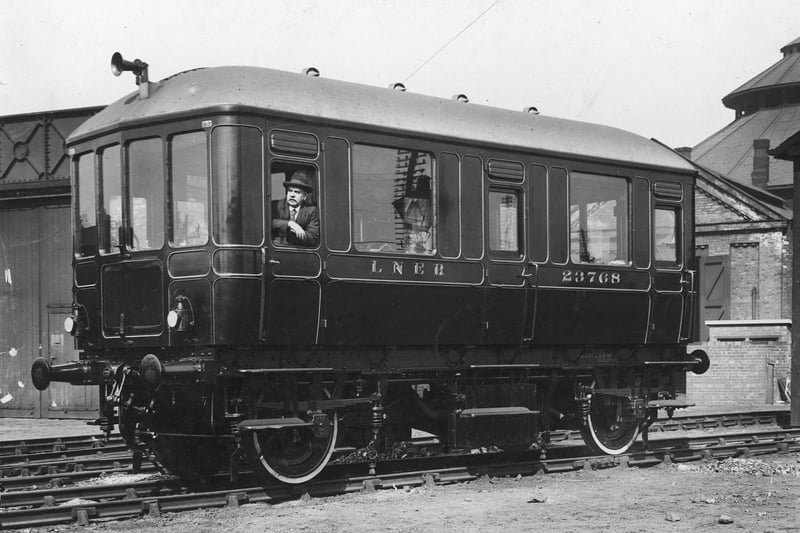 A London and North-Eastern Railway petrol train in 1931 at an unknown Yorkshire station.