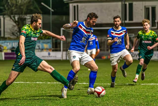 Matty Tymon makes his 200th Blues appearance as Whitby Town earned a 1-1 home draw against Hebburn on Tuesday evening,. Photo by Brian Murfield