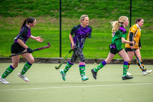Laura Anderson-Cornforth, centre, celebrates opening the scoring for Danby Ladies 2s. Photo by Brian Murfield