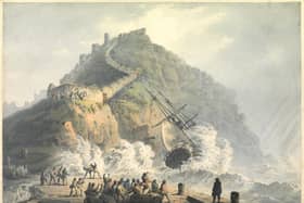 Etching of a shipwreck of Scarborough in a storm of 1836