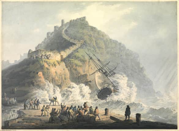 Etching of a shipwreck of Scarborough in a storm of 1836