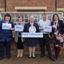 Members of the Saint Catherine’s team, pictured left to right, are: Debbie King (IPU Senior Sister), Moira McCann (Specialist Palliative Care Social Worker), Michelle Muir (Clinical Director), Rob Webb (IT and Facilities Manager) and Tracy Calcraft (Fundraising and Marketing Director).