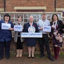 Members of the Saint Catherine’s team, pictured left to right, are: Debbie King (IPU Senior Sister), Moira McCann (Specialist Palliative Care Social Worker), Michelle Muir (Clinical Director), Rob Webb (IT and Facilities Manager) and Tracy Calcraft (Fundraising and Marketing Director).