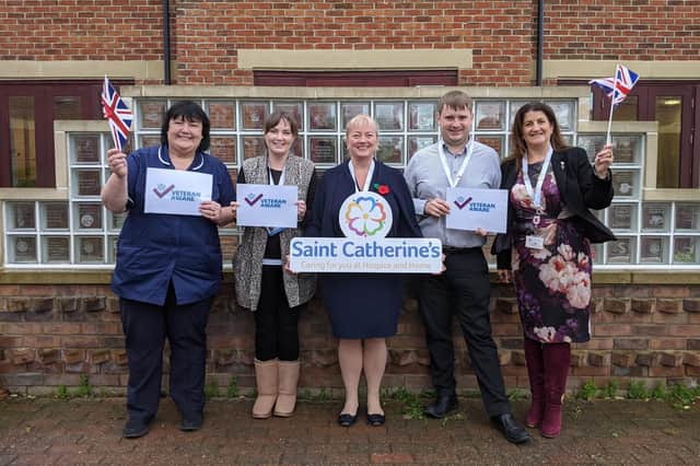 Members of the Saint Catherine’s team, pictured left to right, are: Debbie King (IPU Senior Sister), Moira McCann (Specialist Palliative Care Social Worker), Michelle Muir (Clinical Director), Rob Webb (IT and Facilities Manager) and Tracy Calcraft (Fundraising and Marketing Director).