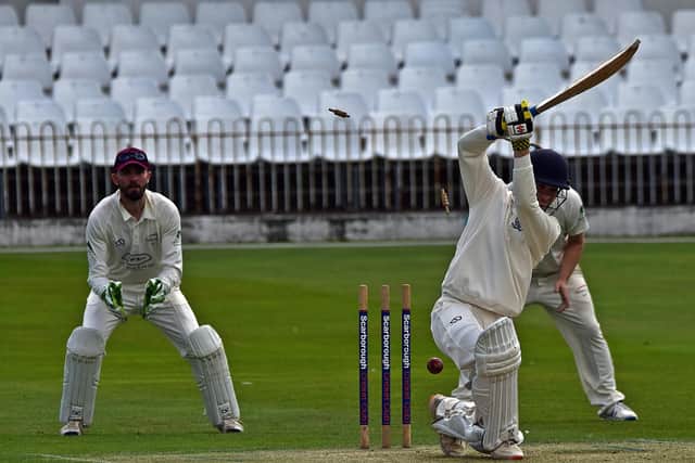 Scarborough 2nds batter Ben Squires is clean bowled. PHOTOS: SIMON DOBSON