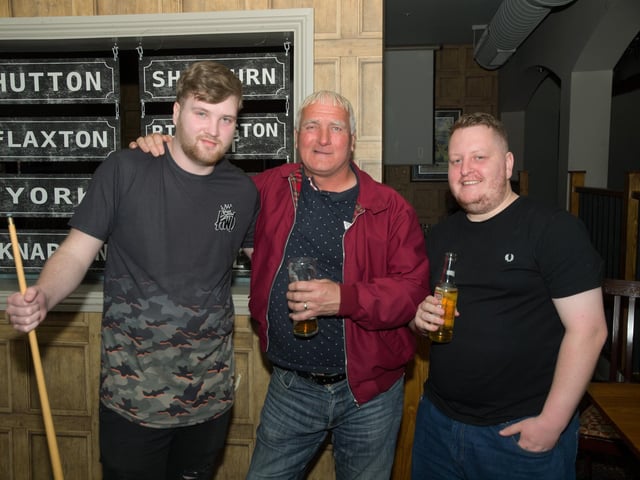 Kevin (centre) enjoying a pint and a game of pool with sons Nathan & Chris in The Scarborough Flyer.