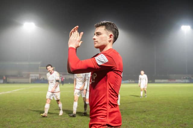 Dom Tear thanks the Boro fans after the 2-2 draw at home to leaders South Shields. Photo by Wandering Photography