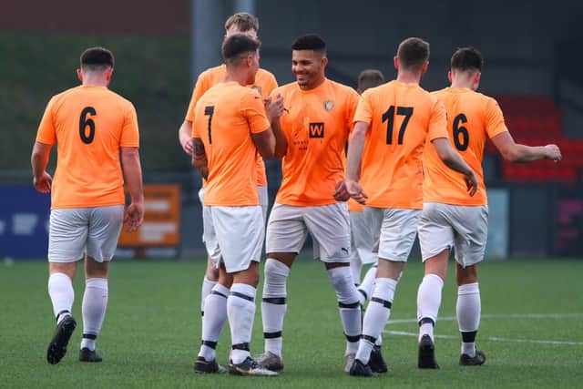 Edgehill celebrate one of their goals in the cup win against Amotherby.