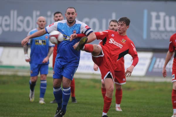Bridlington Town's Alex Markham at full stretch during their home win against Winterton Rangers on Saturday.