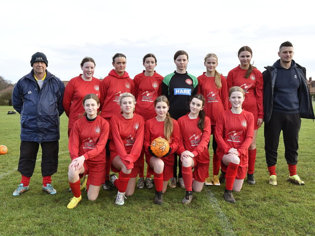 Title-chasing Scarborough Ladies Under-14s line up before their 3-1 home win against Wigginton Grasshoppers in the City of York Girls League at Sherburn.