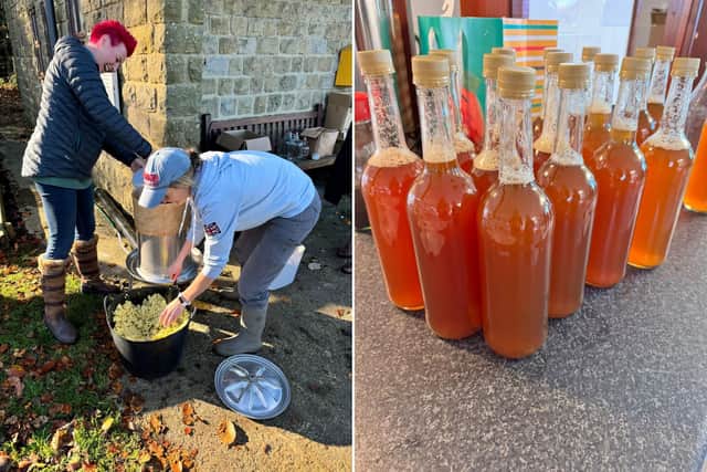 From left: Georgia Yurkwich-Spink and Becka Hodgson at the Egton community apple day; some of the tasty apple juice in bottles.