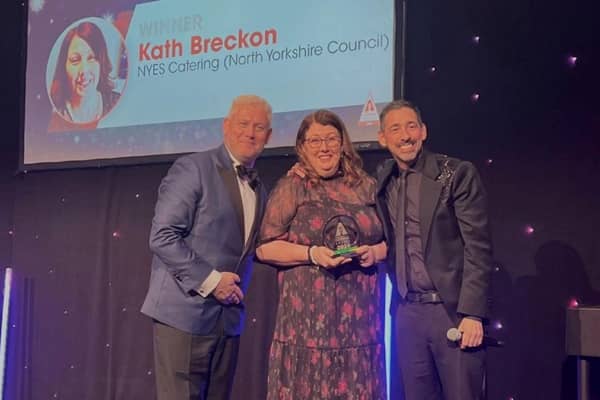 Whitby's Katherine Breckon at the ceremony in London pictured with the host for the evening, Colin Murray (right) and managing director of Unox UK Ltd, Scott Duncan, who sponsored the award.