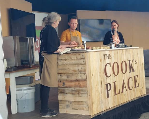 Gilly Robinson and David Atherton at the main stage of Malton Food Lovers Festival.