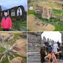 Pictured are Sir Tony Robinson at Whitby Abbey (Richard Ponter); aerial views of the Land Art (PA Photos) and the Game Changers team (Richard Ponter).