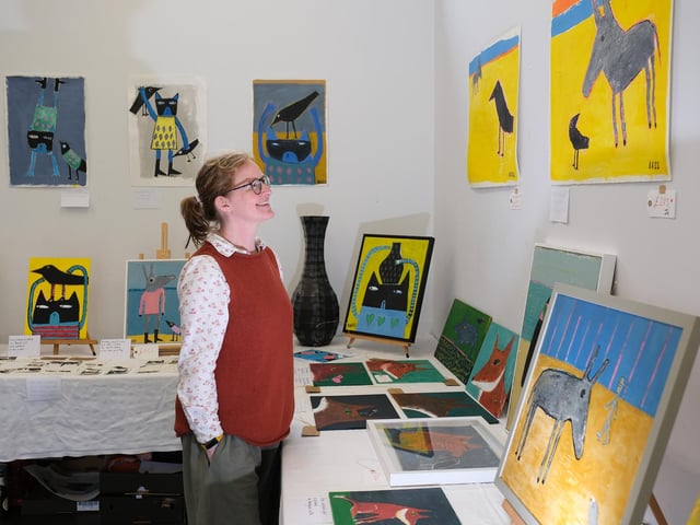 Enjoying the art at Beeforth's Hive.