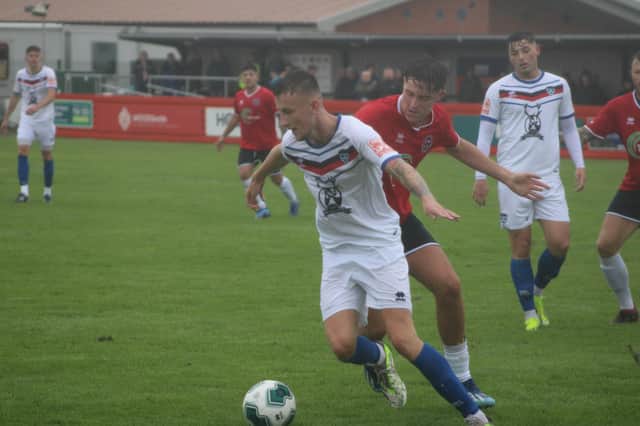 Frankie Whelan in action for Whitby Town during their 5-1 loss at Redcar on Saturday. PHOTO BY OWEN COX