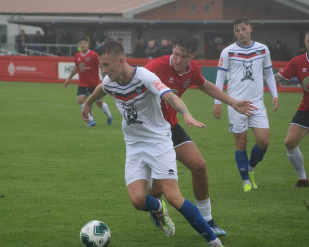 Frankie Whelan in action for Whitby Town during their 5-1 loss at Redcar on Saturday. PHOTO BY OWEN COX