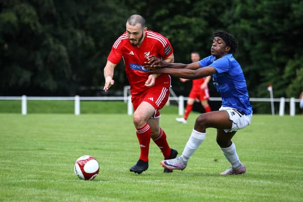 Boro striker Frank Mulhern in action during the 2-1 win against Marske United at Guisborough on Saturday. PHOTO BY ZACH FORSTER