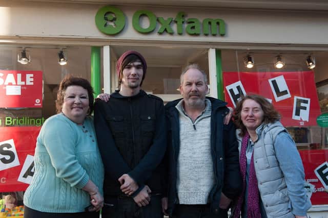 Oxfam shop volunteers Daphne Jakes, Adam Coombes, Adrian Hemmings, and Lindsay Priestley.
