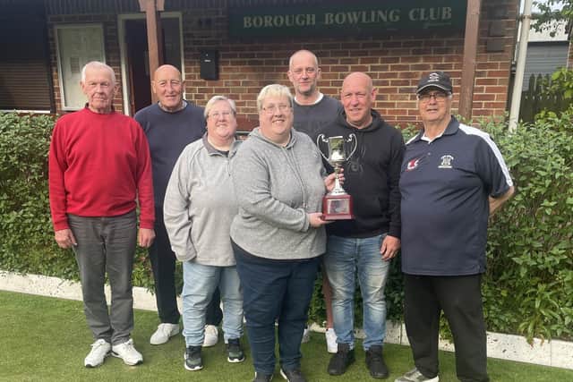 From left, Geoff Oldham, Phil Todd, Lynn Gates, Jo Gates, Andy Adamson, and Borough’s Mick Gates Doubles winners Andy Webb and Stuart Thompson.