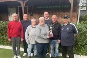 From left, Geoff Oldham, Phil Todd, Lynn Gates, Jo Gates, Andy Adamson, and Borough’s Mick Gates Doubles winners Andy Webb and Stuart Thompson.