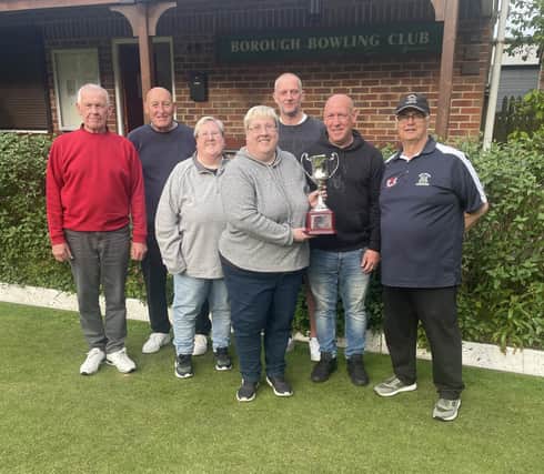 From left, Geoff Oldham, Phil Todd, Lynn Gates, Jo Gates, Andy Adamson, and Borough’s Mick Gates Doubles winners Andy Webb and Stuart Thompson.