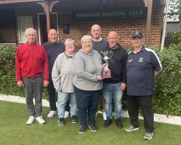 From left, Geoff Oldham, Phil Todd, Lynn Gates, Jo Gates, Andy Adamson, and Borough’s Mick Gates Doubles winners Andy Webb and Stuart Thompson.