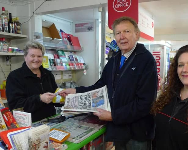 Sir Greg Knight MP buying newspapers at a small shop near Bridlington, served by the store staff Shaaran Moore and Sarah Crowther.