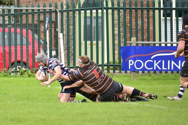 Winger Jed Jackson goes over for one of his hat-trick of tries against Harrogate. Photo Andy Nelson