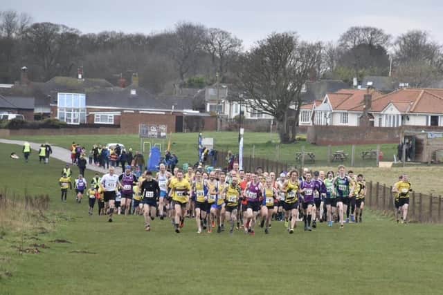 The athletes race away from the start at Bridlington Road Runners' East Yorkshire Cross Country League fixture.