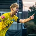 Whitby Town's Connor Simpson celebrates his stunning goal in the 7-2 FA Cup loss at Bristol Rovers. PHOTOS BY BRIAN MURFIELD