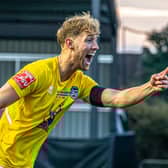 Whitby Town's Connor Simpson celebrates his stunning goal in the 7-2 FA Cup loss at Bristol Rovers. PHOTOS BY BRIAN MURFIELD
