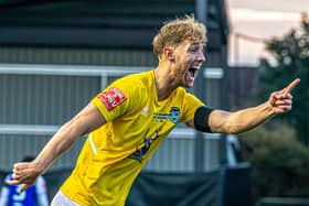 Whitby Town's Connor Simpson celebrates his stunning goal in the 7-2 FA Cup loss at Bristol Rovers. PHOTOS BY BRIAN MURFIELD