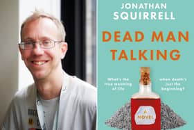 Jonathan Squirrell and the front cover of his book, Dead Man Talking.