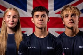From left, Scarborough Gymnastic Academy stars Ellie Mae Sharp, Harry Kirkley and Jacob Bland have been called up to compete in the European TeamGym Championships in Finland.   Photo by Tom Peck - teamgym photos.