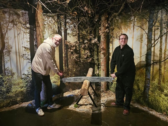 Practising to be Land Girls - Dave French with son Paul