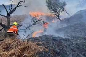 Firefighters tackle the blaze at Goathland Moor. picture: Lythe fire station