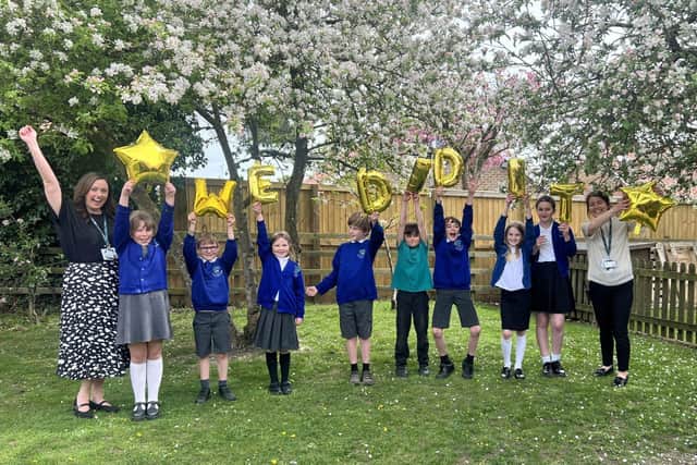 They did it, pupils and staff at Thornton Dale Primary School celebrate their inspection result