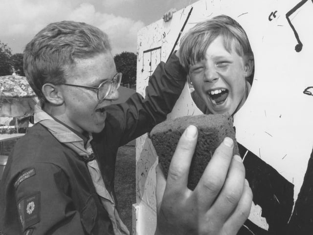 At the Scout Gala in July 1997, held at Yorkshire Coast College, Daniel Carrington, left, is pictured about to "sponge" Bob Hewitt for charity. 