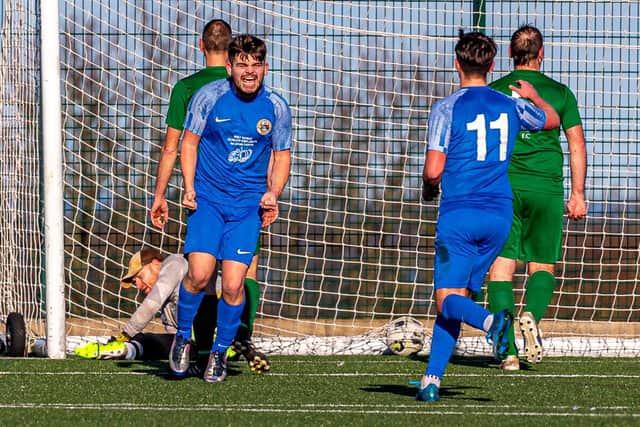 Whitby Fishermen's Society Development hot-shot Jay Jordan celebrates the first of his two goals in the 6-4 home win against Slingsby on Saturday. Photo by Brian Murfield