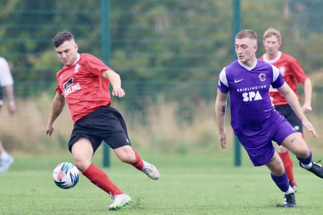 Newlands, red kit, earned a 2-1 home win against Scalby. PHOTO BY TCF PHOTOGRAPHY