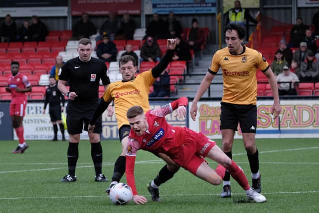 Kieran Glynn, who was Boro's man of the match, is fouled by a Southport player.