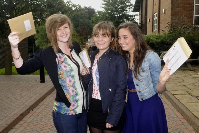 Chelsea Forster, left, Natalie Waters, and Laura Mainprize, finding out their results from Scarborough 6th Form College in 2012.
