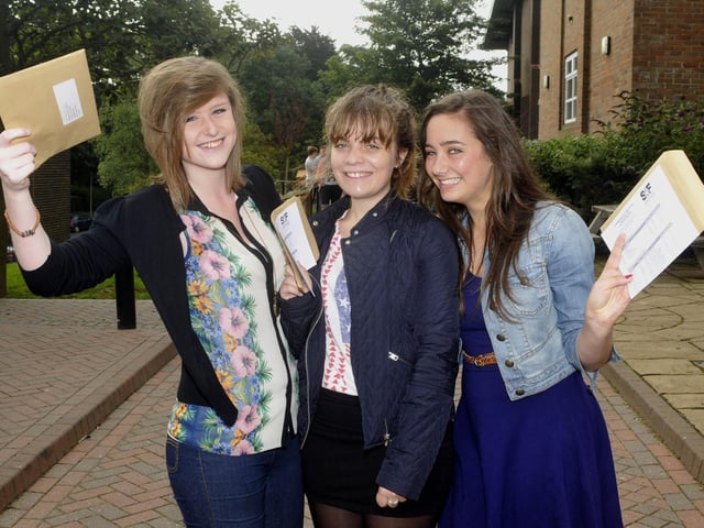 Chelsea Forster, left, Natalie Waters, and Laura Mainprize, finding out their results from Scarborough 6th Form College in 2012.