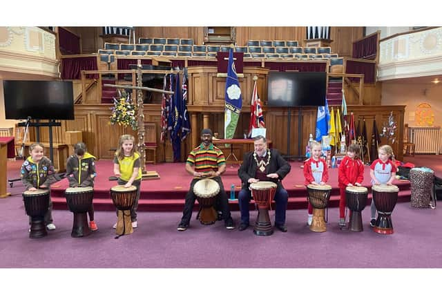 Mayor Eric Broadbent joined in the Indian drumming